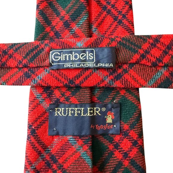 Vintage Ruffler For Gimbels Grant Red Green Tartan Wool Necktie Woven Scotland - Picture 2 of 9